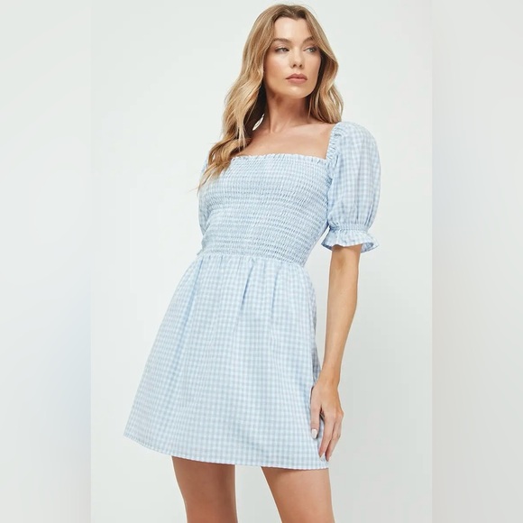 Gingham Smocked Mini Dress with Short Puff Sleeve - Picture 4 of 7